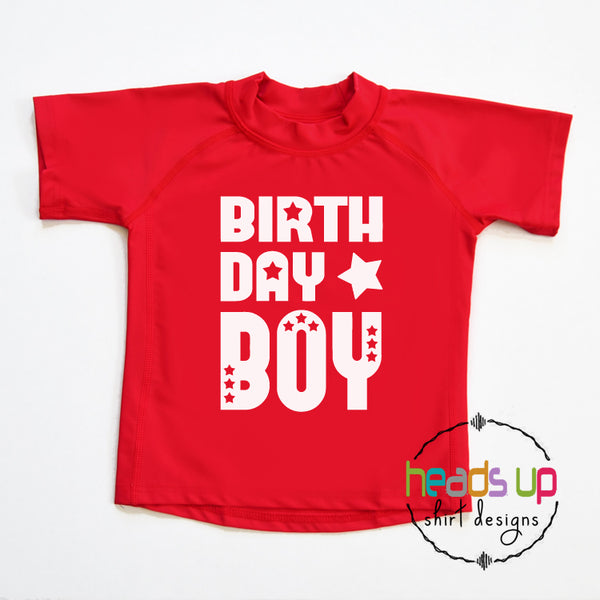 Swim shirt birthday boy party rashguard SPF 50 swimming pool party boy kids youth toddler baby 1 2 3 4 5 years old. Beach vacation cruise ocean lake water sun protection. popular best seller swim shirt red blue white navy. Fast shipping best selling heads up shirts design. cute comfortable machine washable.