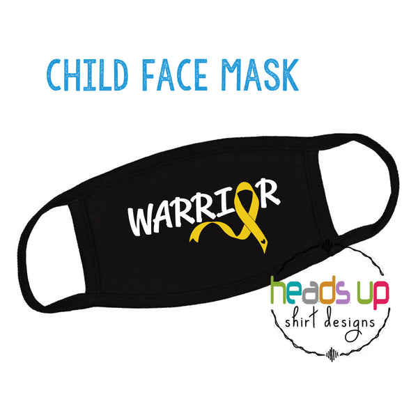 CANCER WARRIOR FACEMASK child youth kids boy girl childhood cancer ribbon warrior face mask comfortable soft machine washable reusable awareness mask september go gold gold ribbon yellow warrior hero cancer gift mom support sibling boys girls made in the USA fast shipping popular best seller cancer warrior facemask