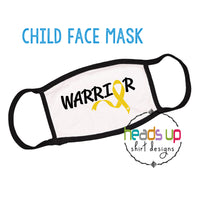 cancer warrior facemask for kids and youth 2 3 4 5 6 7 8 9 years old boy girl unisex elastic comfortable white black cancer ribbon fighter warrior hero go gold september we wear gold childhood cancer awareness face mask shield masks bulk made in the USA fast shipping best selling popular design style comfort ear loops. Cancer kids toddler face mask gold ribbon cute