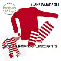 wholesale pajama blanks for christmas. DIY vinyl heat transfer iron on embroidery sublimation. Leveret pajamas pj's sleepwear. Matching blank pajamas to add your own design. unisex style for baby infant child toddler kids youth teen and adult men and women. Striped bottoms and solid top red and white Christmas blank pajamas pj's cute best seller comfortable cotton fast shipping. hurry