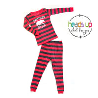 Brother bear pajamas matching family pajamas Christmas holidays red silver gray striped. Pants and shirt pj's. 100% cotton machine washable soft and comfortable bro brother sibling. baby toddler kids youth teen matching photo pajamas fast shipping. bulk discount boutique custom pajamas great customer service. Heads Up