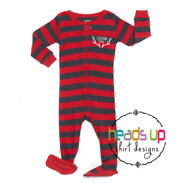 Infant one piece cousin crew pajamas matching coordinating with larger sizes available in our shop. Cousin crew deer antlers christmas holiday winter popular best seller best selling sleepwear for kids youth teen baby infant toddlers. Grandma grandkids grandchildren mimi nana. Family reunion gathering matching coordinating pajamas. Fast shipping guaranteed. red gray boy girl unisex. Leverette