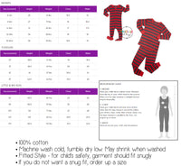 pajamas size chart for heads up shirts. one piece two piece pj's