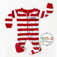 infant baby cousin crew matching pajamas coordinating with big kids 1 piece footed zipper grandkids cute popular best seller pj's grandma nana cousin crew snowflake christmas pajamas sleepwear. Red white stripes comfortable soft leveret pajamas. fast free shipping last minute gift.