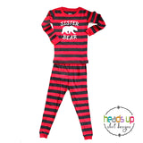 sister bear holiday pajamas matching coordinating family pajamas pj's stripes striped red and gray sis sibling cute popular best seller soft 100% cotton pajamas made in the USA fast shipping photo outfit shirt for christmas cards. Sister bear mama papa baby brother