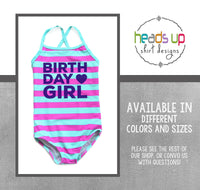 birthday girl one piece girls swimsuit stripes pink purple and blue. comfotable design full body coverage SPF sun protection stretch comfortable fabric machine washable. Best selling girls swim suit popular for bday party swim pool beach cruise vacation ocean lake. 2 3 4 5 6 age. Fast shipping made in the USA