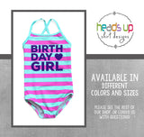 birthday girl one piece girls swimsuit stripes pink purple and blue. comfotable design full body coverage SPF sun protection stretch comfortable fabric machine washable. Best selling girls swim suit popular for bday party swim pool beach cruise vacation ocean lake. 2 3 4 5 6 age. Fast shipping made in the USA